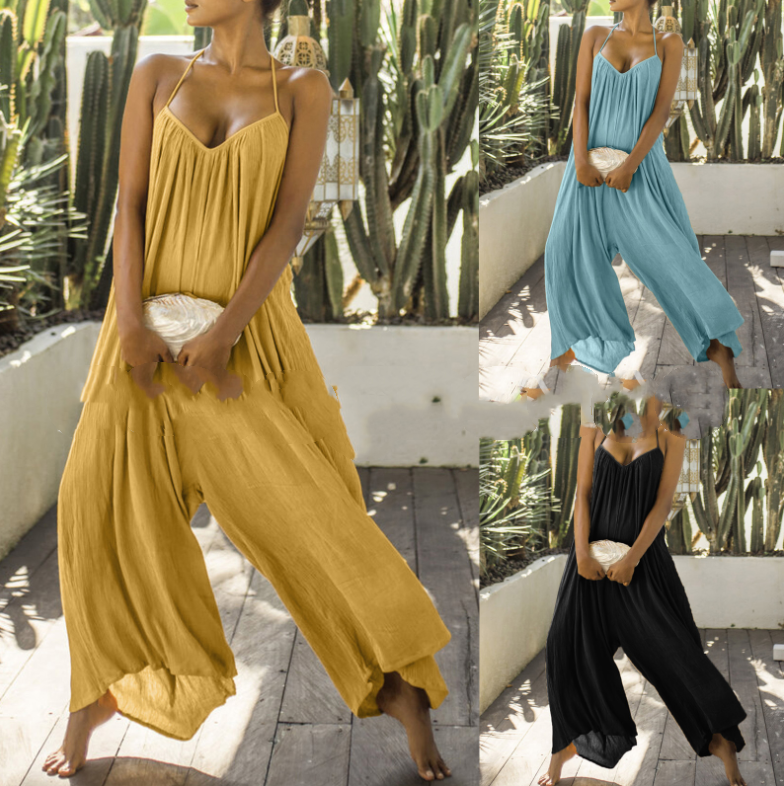 Cotton And Linen Women's New Style Printed Casual Loose Sling Wide Faded Trousers