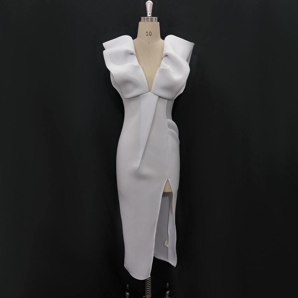 Sexy Deep V Sleeveless Slit High Waist Large Size Slim White Party Dress Women's Dress Dress