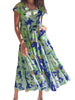 Tie Dye Green Print Short Sleeve Loose Dress Flowy O-Neck Beach Evening Party Dress