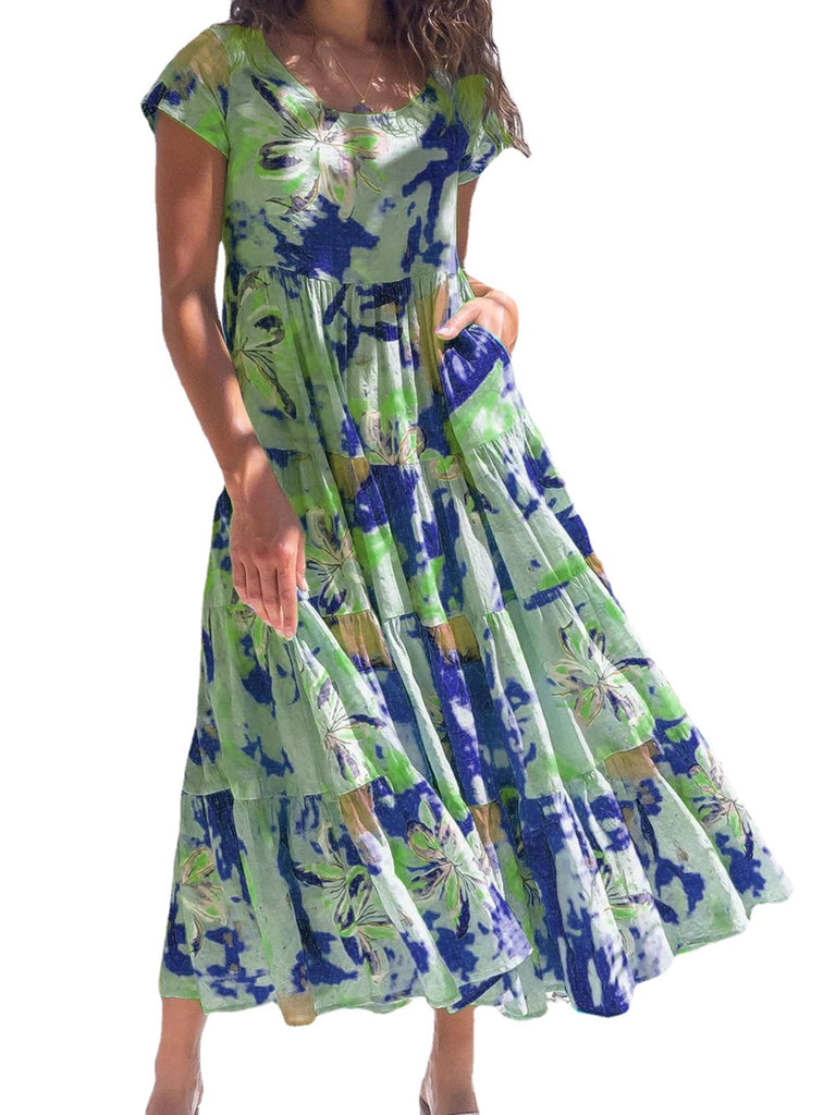 Tie Dye Green Print Short Sleeve Loose Dress Flowy O-Neck Beach Evening Party Dress