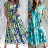 Tie Dye Green Print Short Sleeve Loose Dress Flowy O-Neck Beach Evening Party Dress
