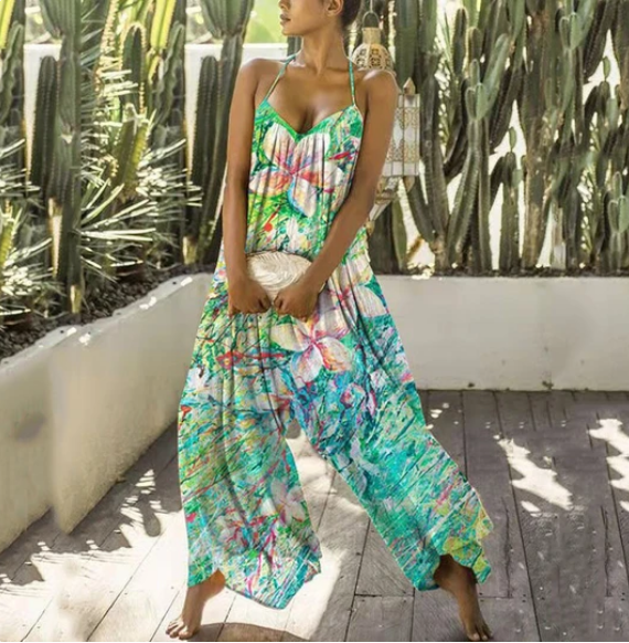 Cotton And Linen Women's New Style Printed Casual Loose Sling Wide Faded Trousers