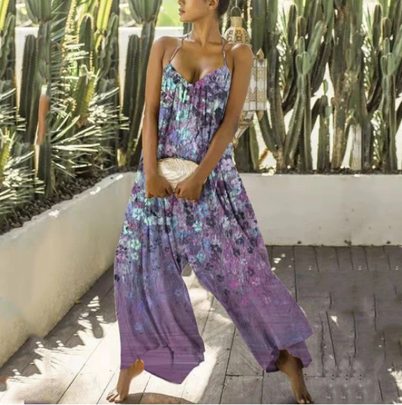 Cotton And Linen Women's New Style Printed Casual Loose Sling Wide Faded Trousers