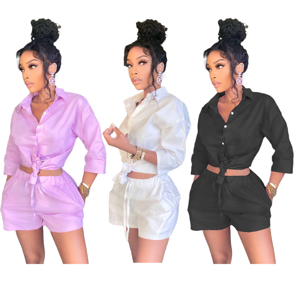 Solid Color Button Double Pocket Shirt Set