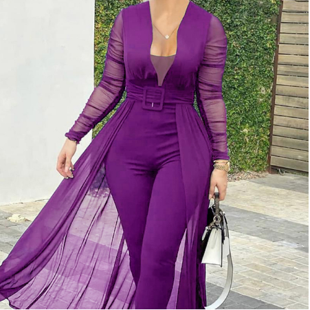 Women's Fashion Deep V-neck Long Sleeve Lace Stitching Solid Color Slim Bodysuit