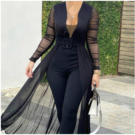 Women's Fashion Deep V-neck Long Sleeve Lace Stitching Solid Color Slim Bodysuit