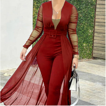 Women's Fashion Deep V-neck Long Sleeve Lace Stitching Solid Color Slim Bodysuit