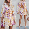 Fashion Floral V-Neck Long Sleeve Open Back Strap Casual Dress