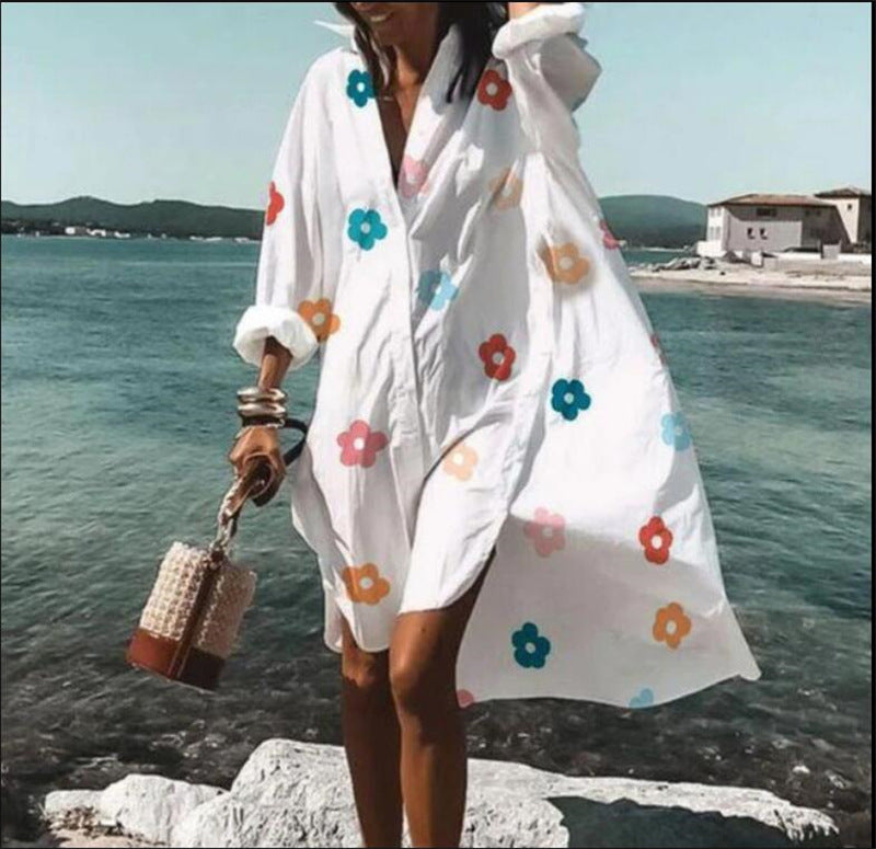 Women's Casual Single Loose Lapel Mid Shirt Dress