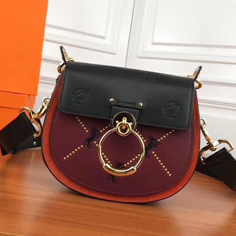 Ring Scrub Contrast Color Leather Piglet Bag Lady Fashion Saddle Bag
