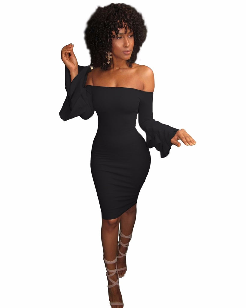Autumn Dresses Robe Sexy Off Shoulder Slim Bodycon Dress Flare Sleeve Black Dress Women Midi Party Dress Vestidos