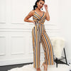 Striped sling deep V belt flared jumpsuit