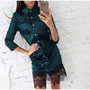 Woman Sexy Lace Button Patchwork Mini Dress Casual Three Quarter Sleeve Sashes Straight Dresses Spring Autumn Female Party Dress
