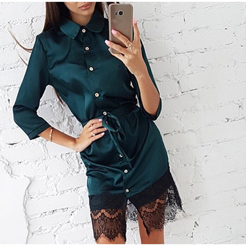 Woman Sexy Lace Button Patchwork Mini Dress Casual Three Quarter Sleeve Sashes Straight Dresses Spring Autumn Female Party Dress