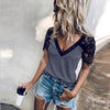 Women's Fur Lace V-Neck Panel Stripe T-Shirt