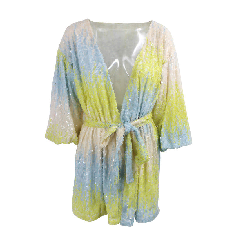 Sequined V-neck dress with long sleeves