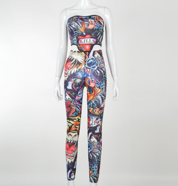 Fashion Halter Inverted Triangle Wrap Chest Trousers Animal Print Suit