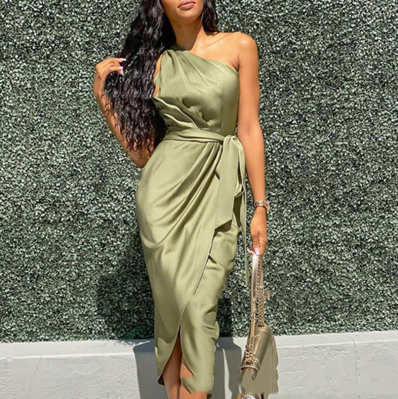 One-shoulder Bow Tie Belt Women's Party Dress