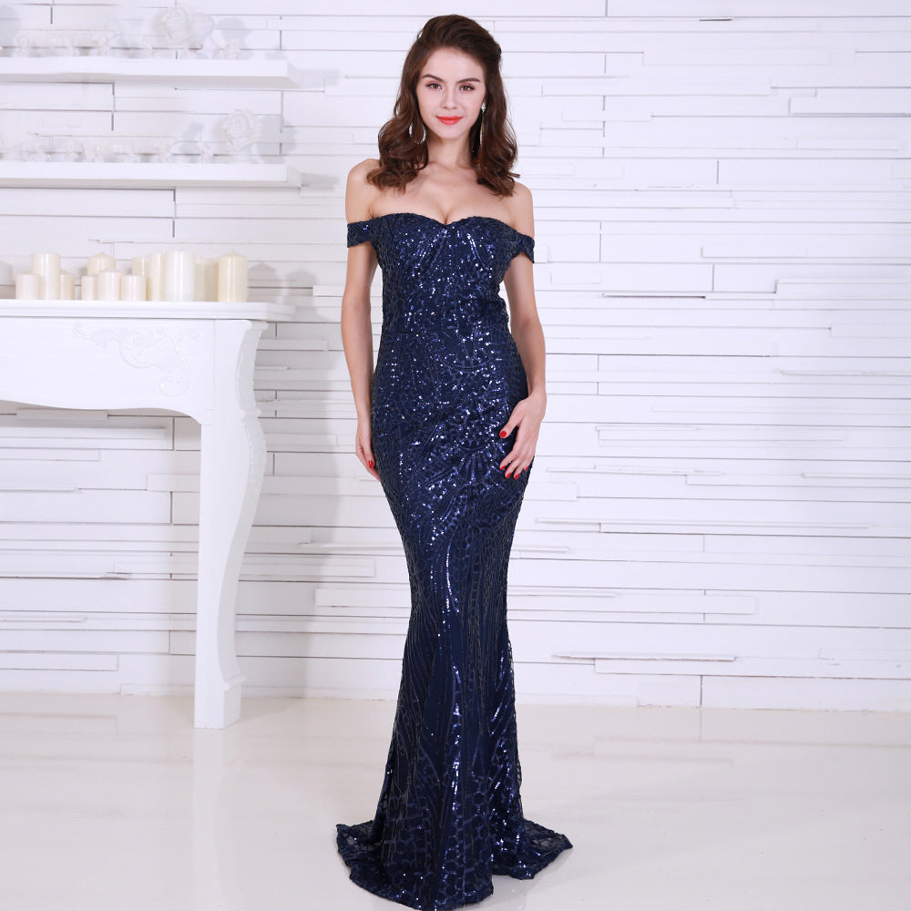 Sexy tube top word shoulder party red carpet banquet dress sequin mopping dress