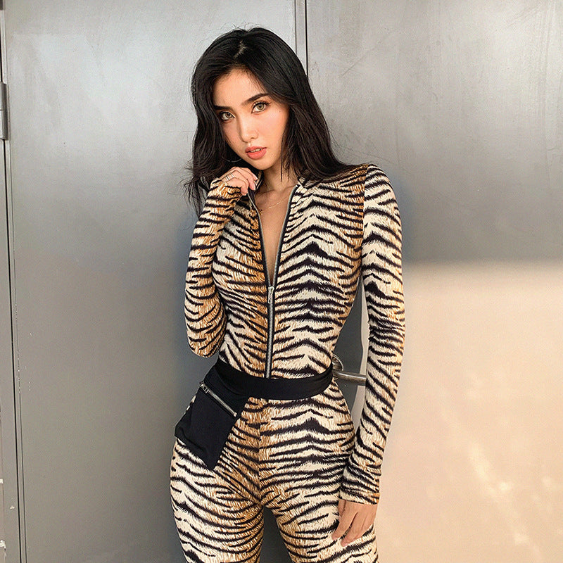 Fashion tiger print zipper sports fitness ladies jumpsuit
