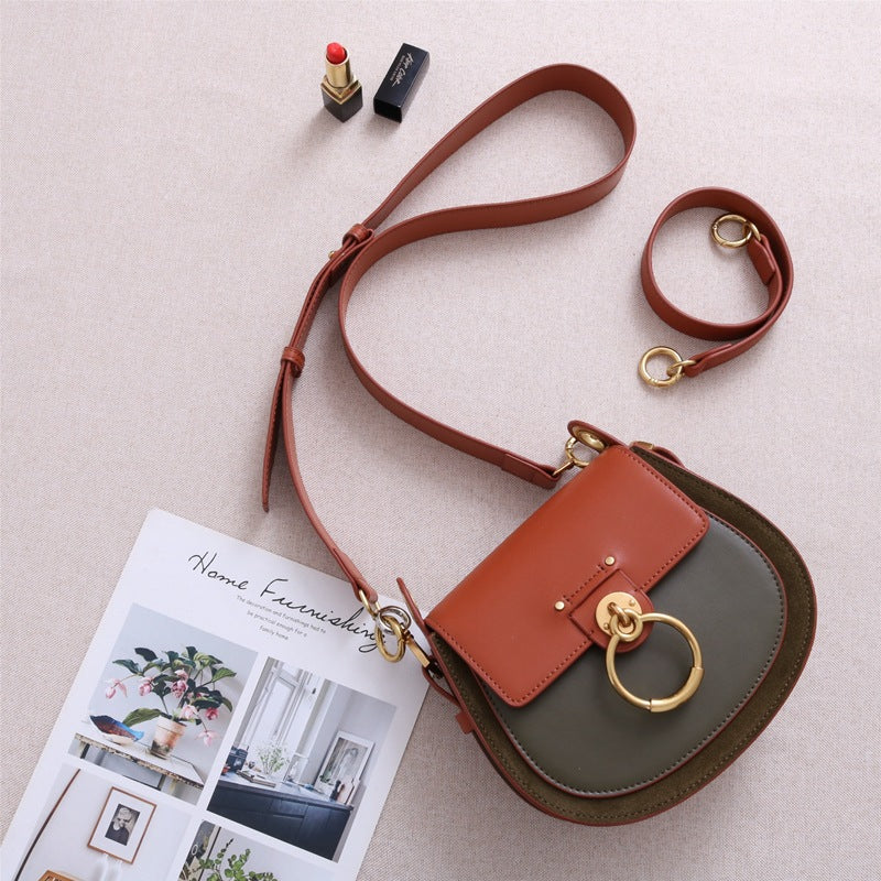 Ring Scrub Contrast Color Leather Piglet Bag Lady Fashion Saddle Bag