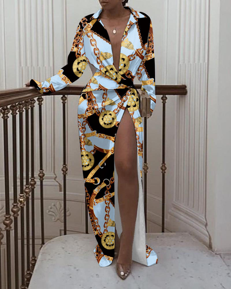 Women's Long Sleeved Print Dress With Slits