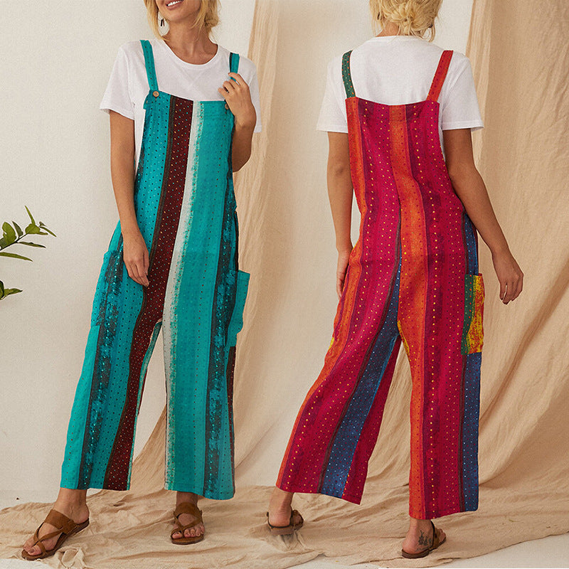 Women's Loose And Thin Cotton And Linen Printed Suspender Jumpsuit