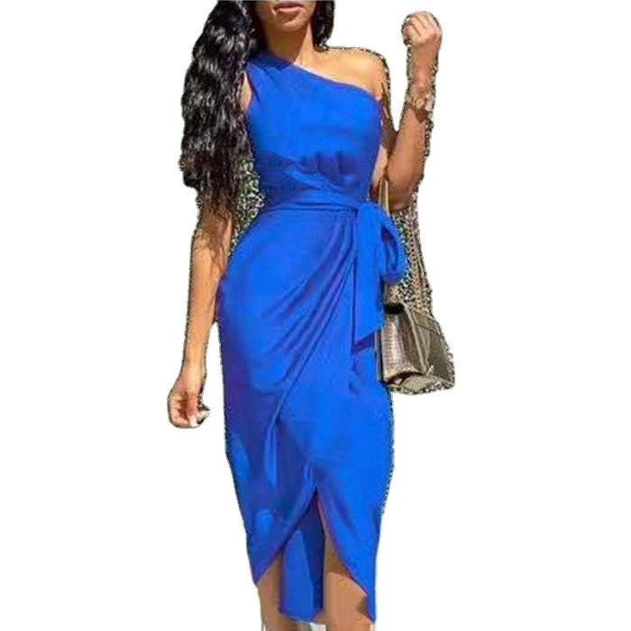 One-shoulder Bow Tie Belt Women's Party Dress