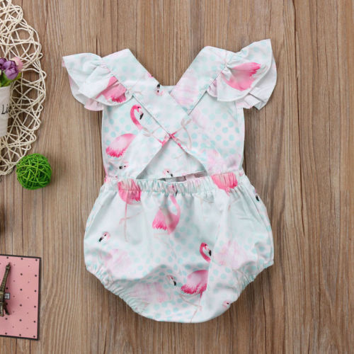 Flamingo Backless Romper Red-crowned Crane Print