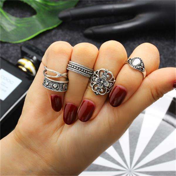 Vintage Hollow Carving Patterns Inlaid With Gemstones 5-Piece Combination Joint Ring