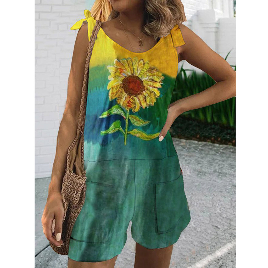 New Printed Cotton And Linen Slub Loose Style Jumpsuit