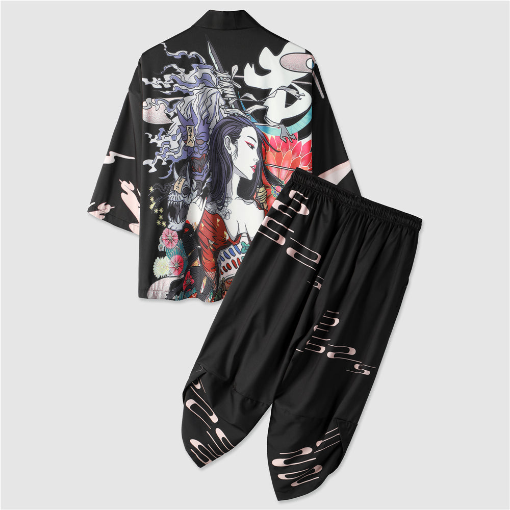 Summer Two-piece Outfits Men's  Taoist Robe Graphic Kimono & Pants Without Tee