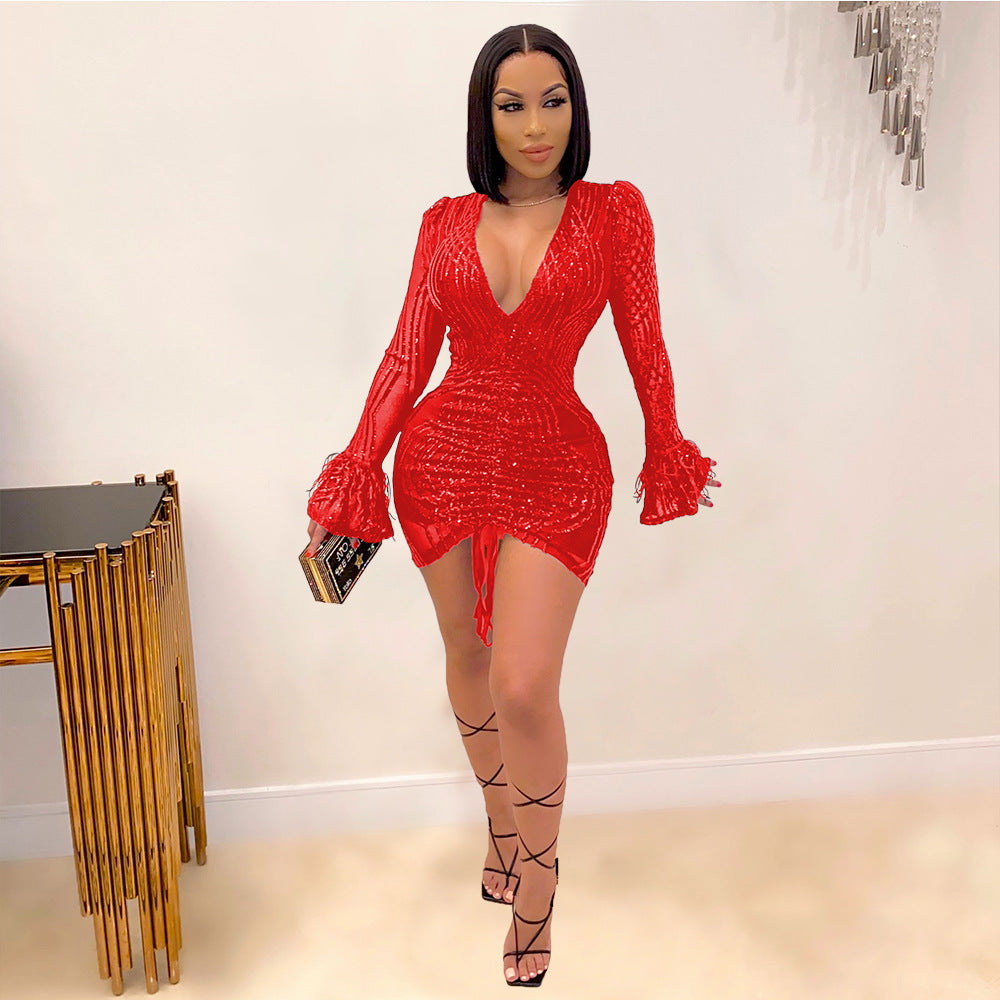 V-Neck Ostrich Hair Lantern Sleeve PARTY SEXY A-Line Dress