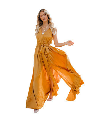 Women's Solid Color V-Neck Sleeveless High Slit Large Hem Tie Long Dress
