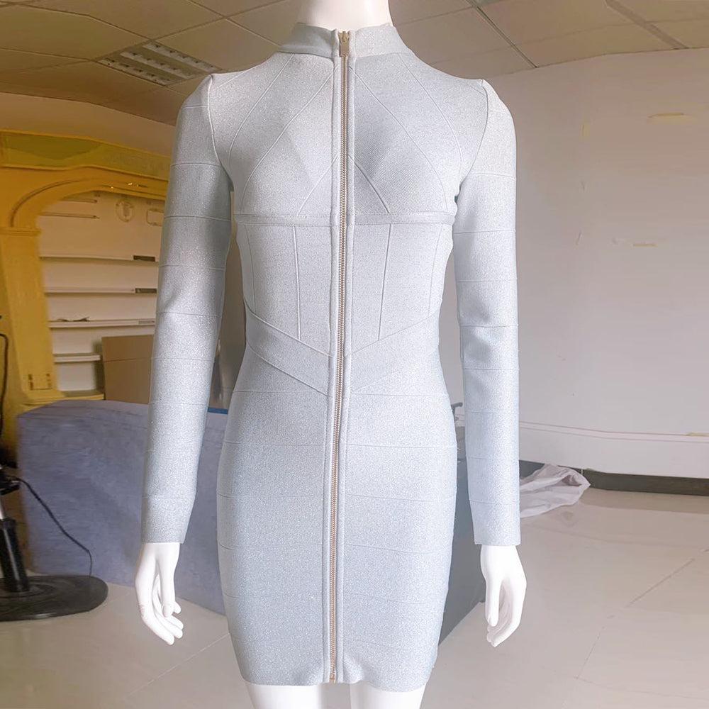 Party Long Sleeve Zipper Silver Silk Bandage Dress