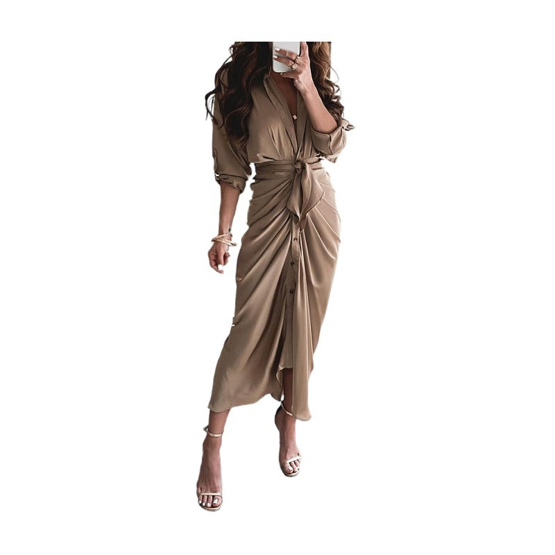 Long Sleeve V Neck Button Print  Long Dress Women's