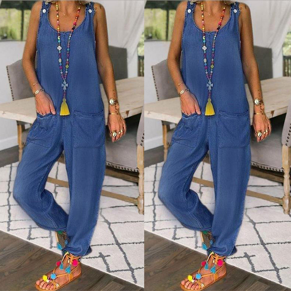 Solid Color Loose Denim Tencel Imitation Denim Temperament Jumpsuit