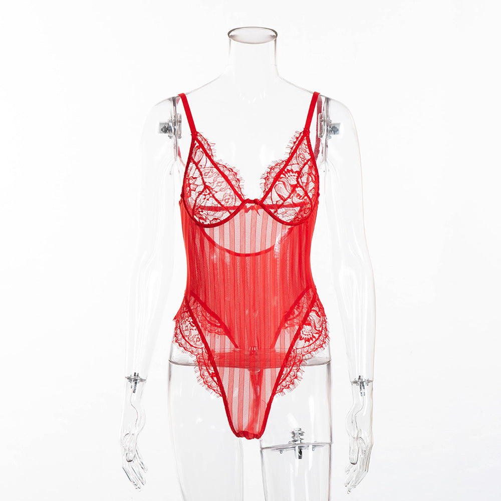 Sexy See-through Bodysuit In Lace Striped Underwear
