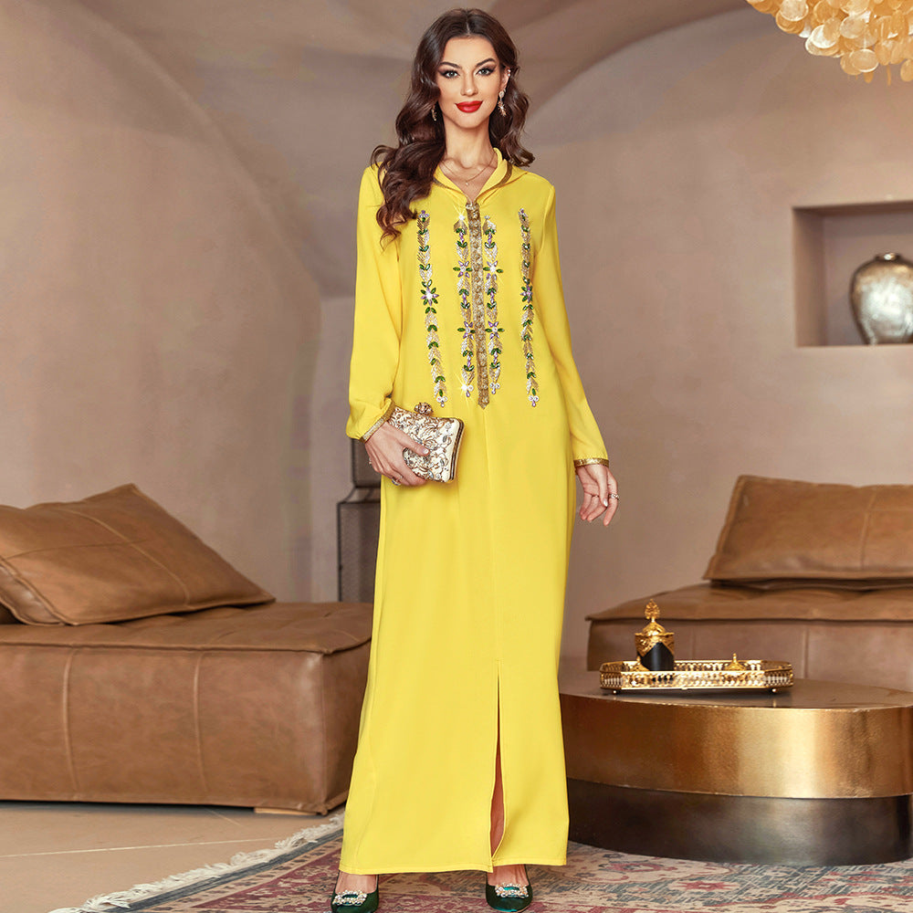 New Bright Yellow Hooded Spring Outing Middle East Long Dress Robe