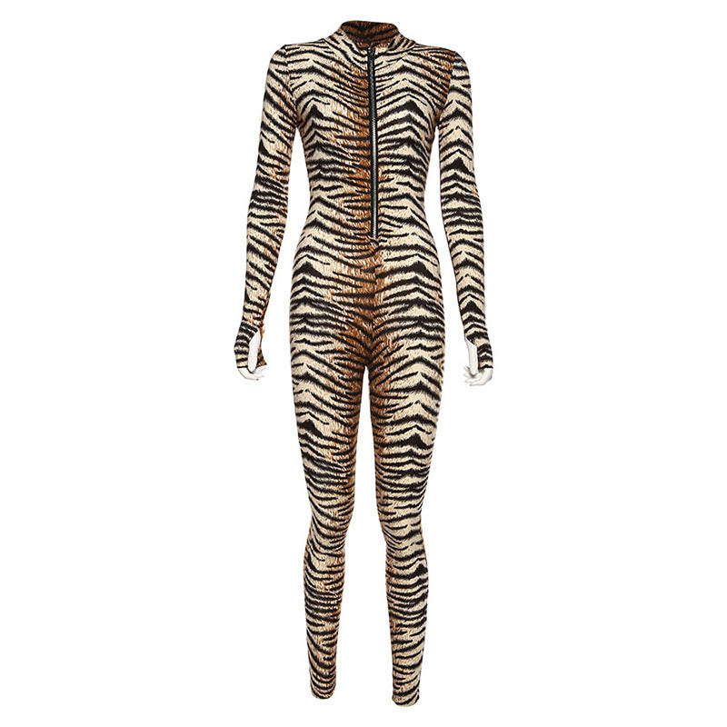 Fashion tiger print zipper sports fitness ladies jumpsuit