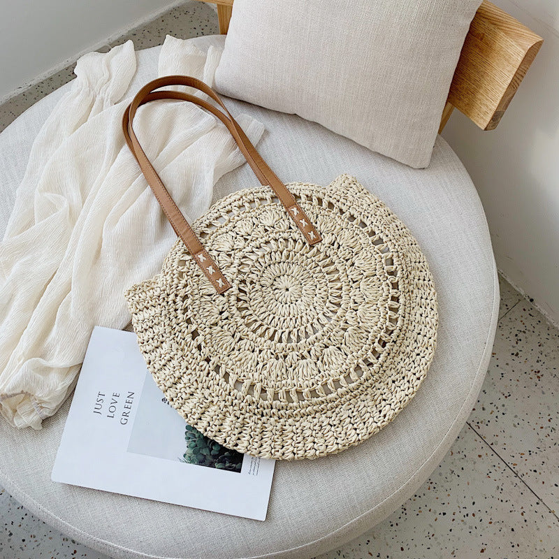 Fashion Hollow Flower Round Straw Woven Bag