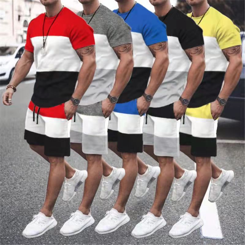 Loose Casual Suit Colorblock Printable T-Shirt Short Suit