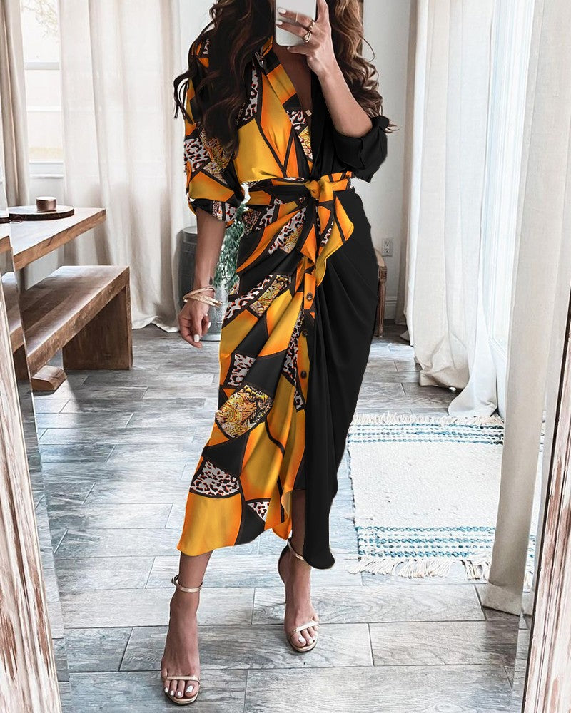 Long Sleeve V Neck Button Print  Long Dress Women's