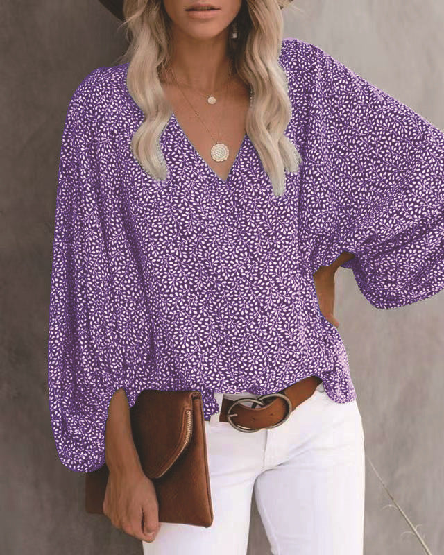 V-Neck Shirt Print Balloon Sleeve Top