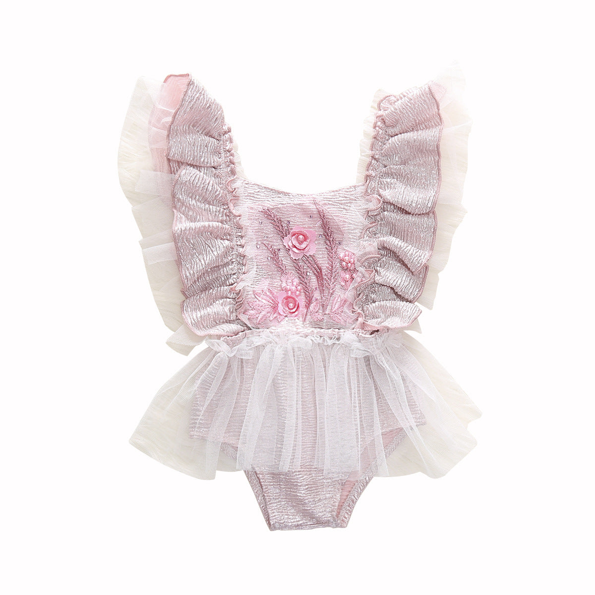 Girls' Three-dimensional Embroidery And Hit Color Mesh Fly-sleeve One-piece Romper