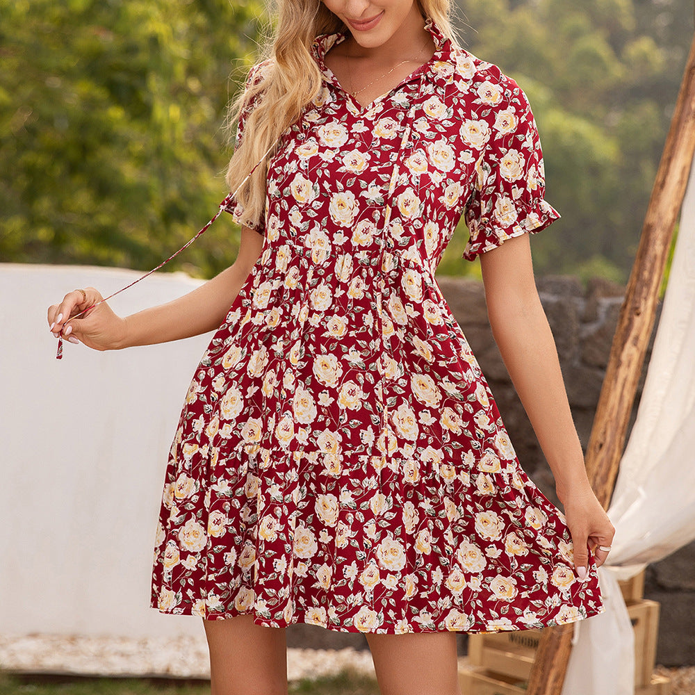 Women's Floral Print Fungus Trim Short Sleeve Dress