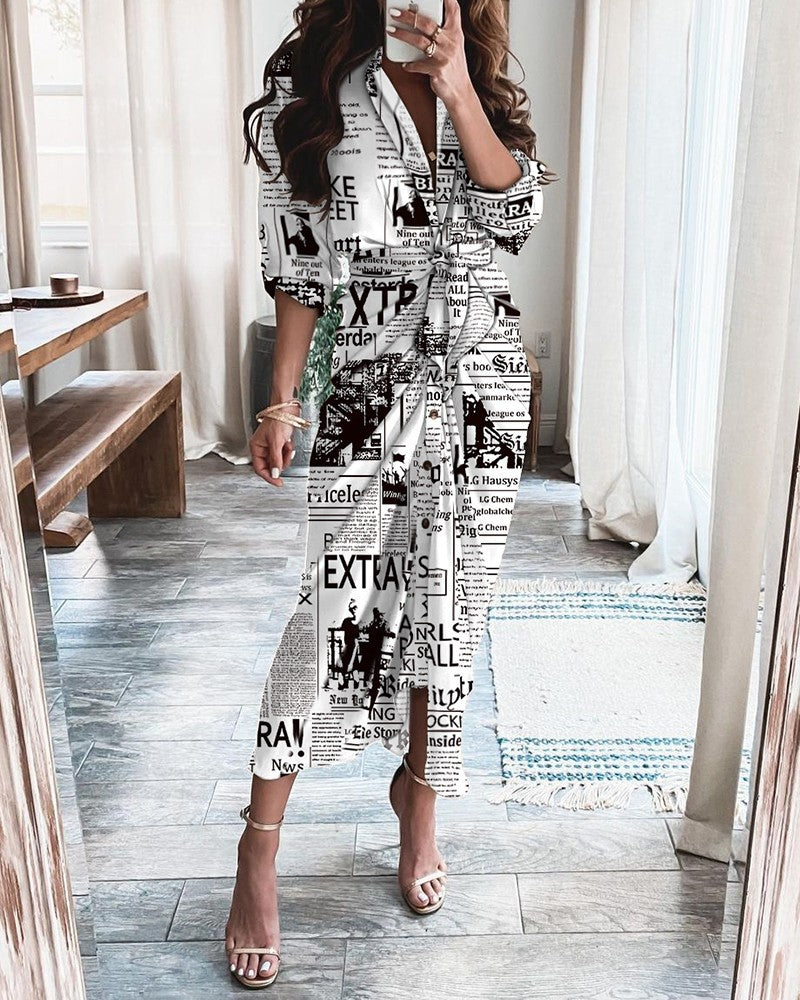 Long Sleeve V Neck Button Print  Long Dress Women's