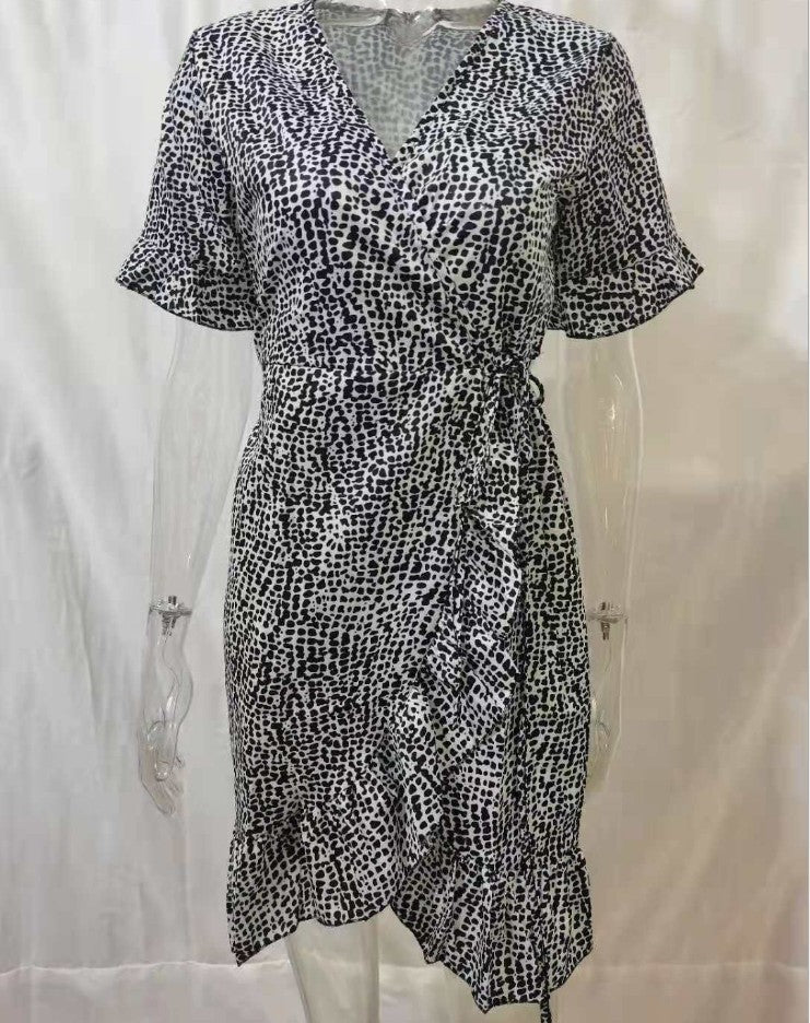 Printed V-Neck Tie High Waist Chiffon Floral Dress