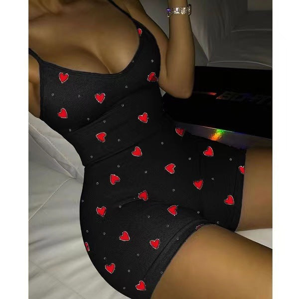 Sexy V-neck Peach Heart Print Suspender Jumpsuit Casual Women's Jumpsuit