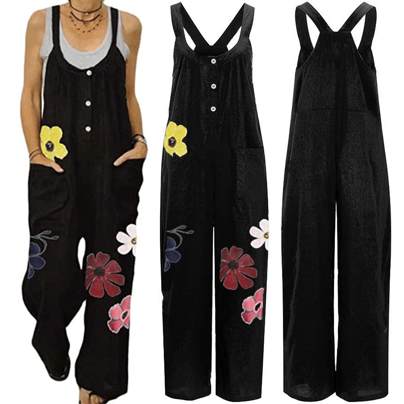 Ebay Foreign Trade Cotton And Linen Solid Color Elastic Button Jumpsuit